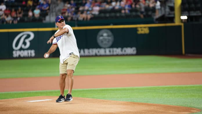 Chief Gary Batton throws the first pitch