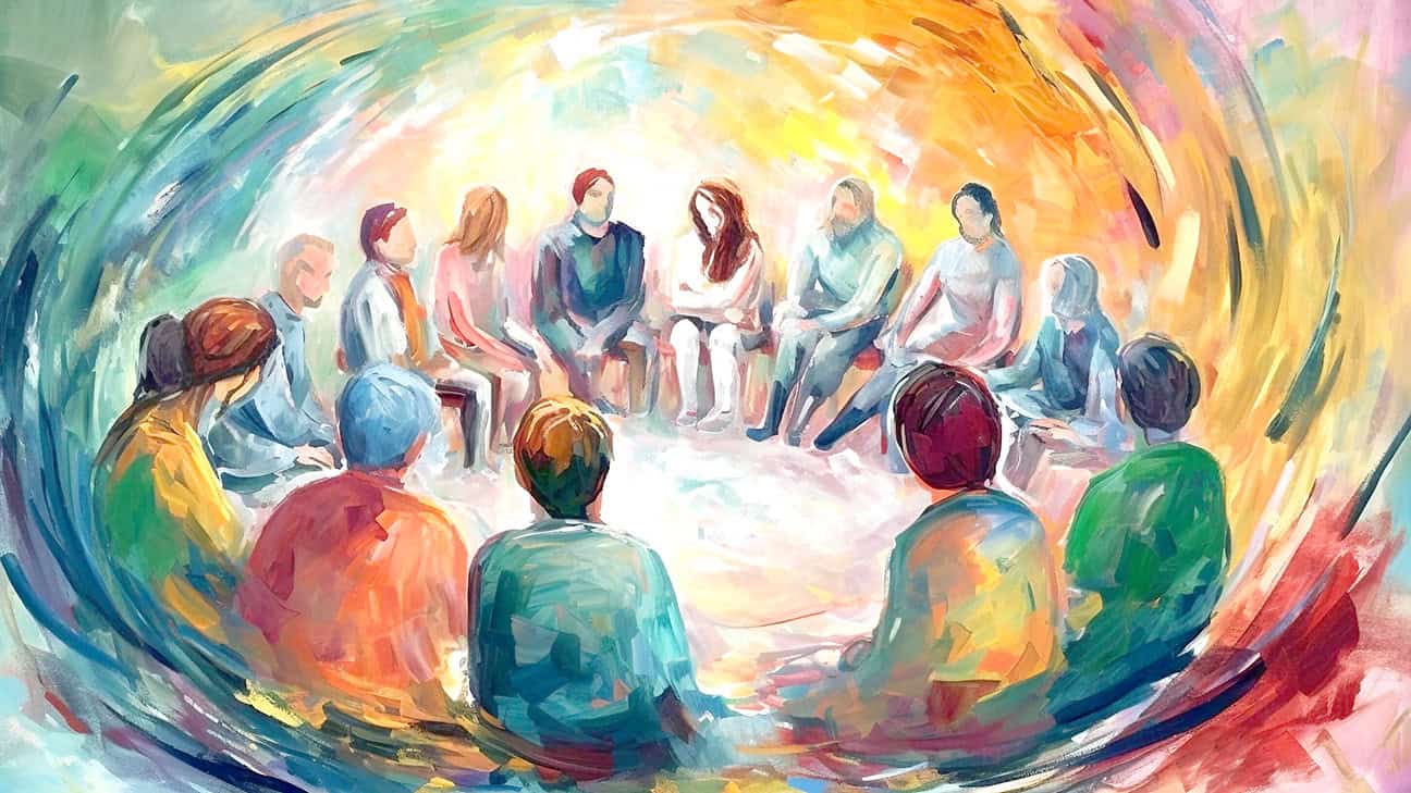 Watercolor painting of a group therapy session.