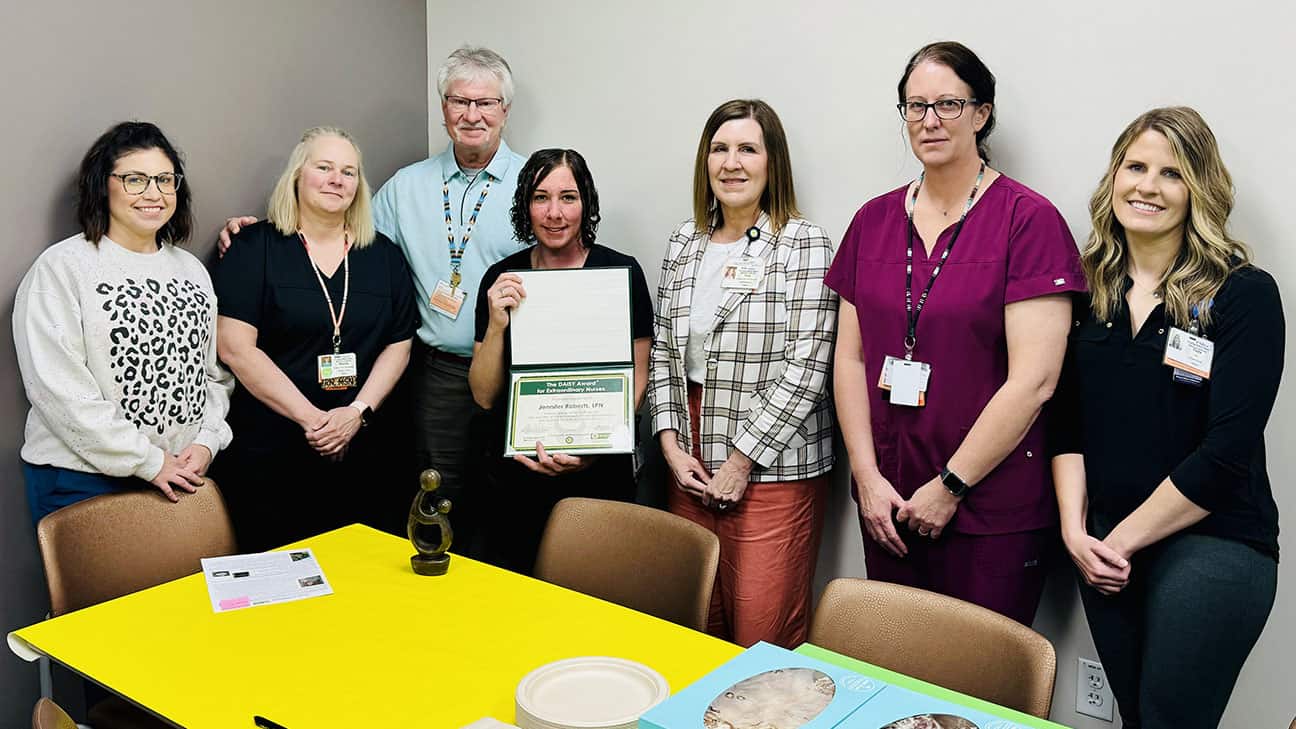 Nursing staff gather to celebrate Jennifer Roberts winning the DAISY Award